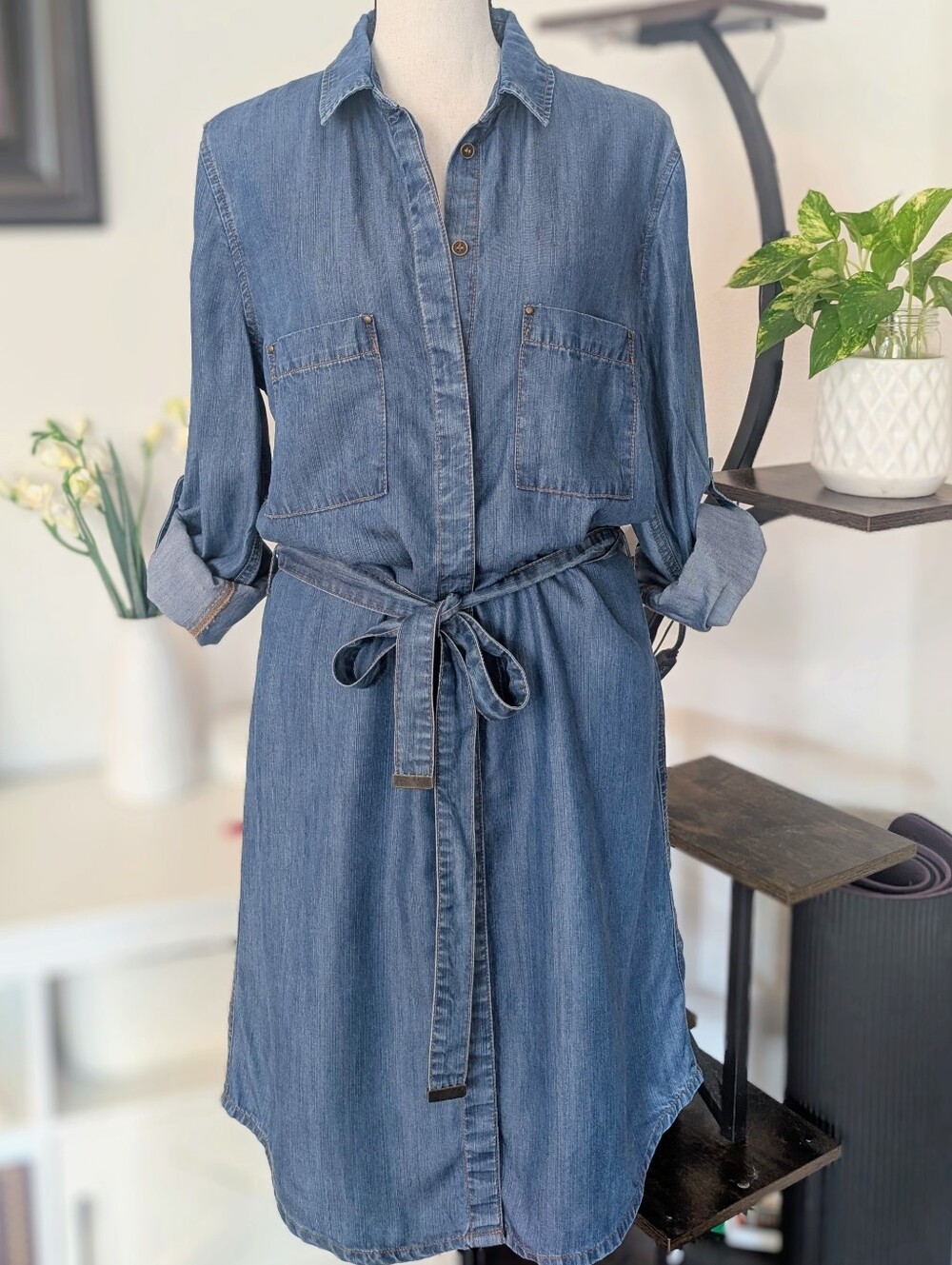 KUT From the Kloth 100% Lyocell Denim Shirt Dress with Tie Belt - Blue